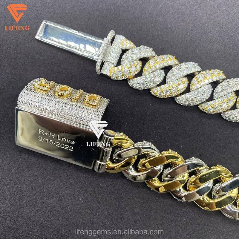 Custom Two Tone 18mm Big Stone Moissanite Cuban Chain S925 Silver Ice Out Necklace Man Moissanite Hiphop Cuban Link Chain