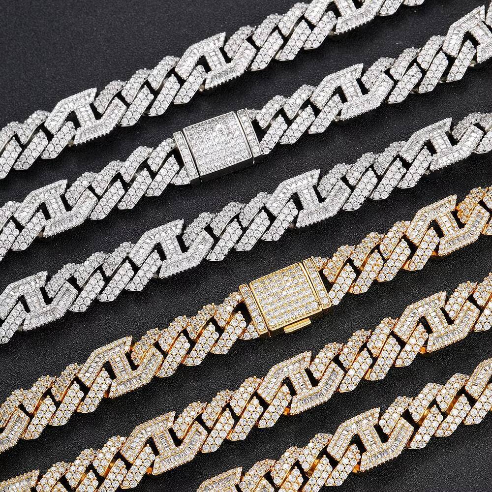 NUOYA High Quality Men Hip Hop Iced Out Cuban Chain Micro Pave Baguetter Moissanite Prong Cuban Link Chain Necklace for Gifts