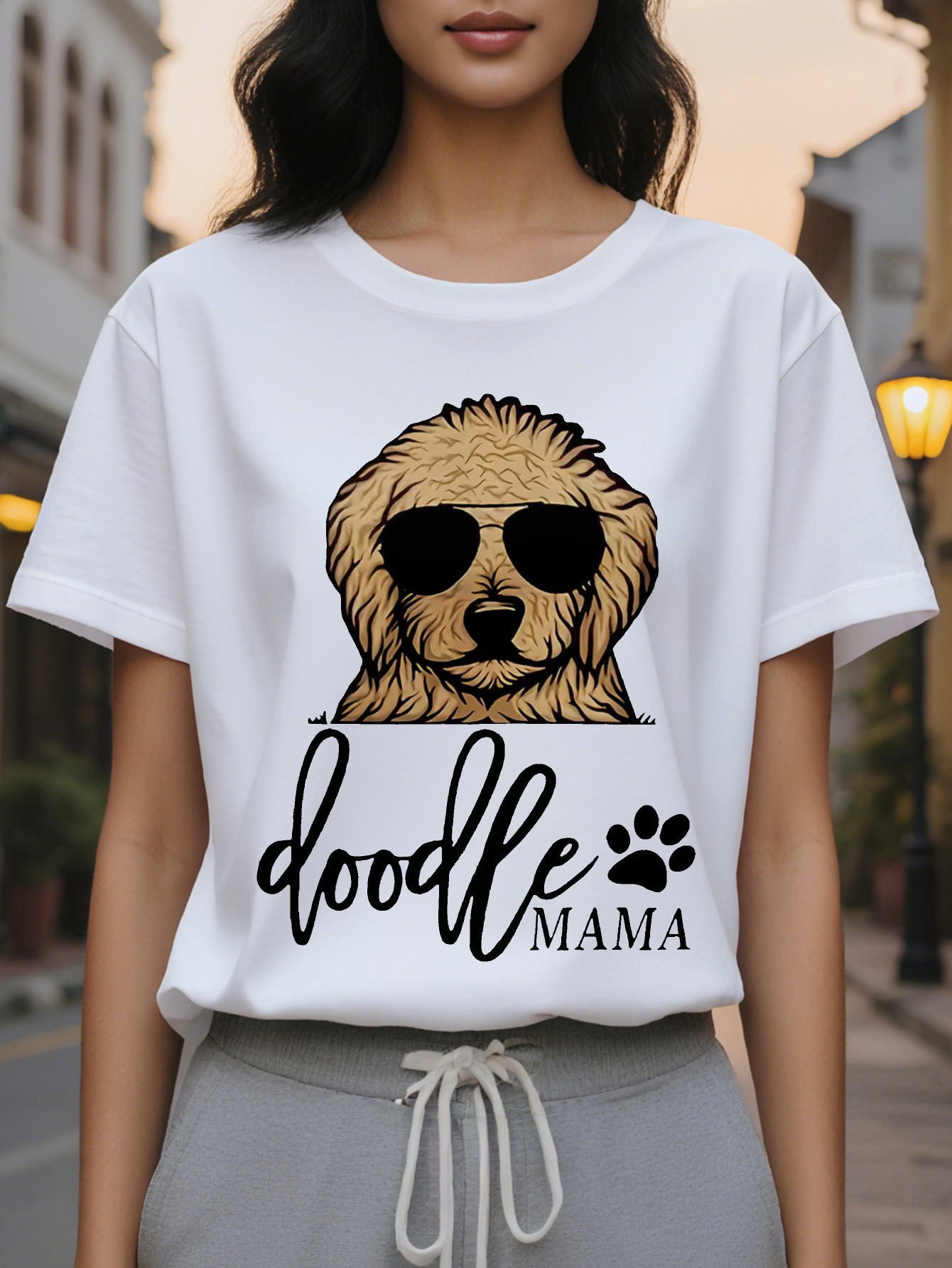 Women s Sleeveless Top Dog Mother Pattern Print Doodle Mama with Claws and Fashion Glasses Design White Casual