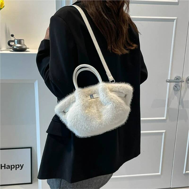 Fashionable Versatile Crossbody Grocery Bucket Handle Casual Plush Shoulder Bag