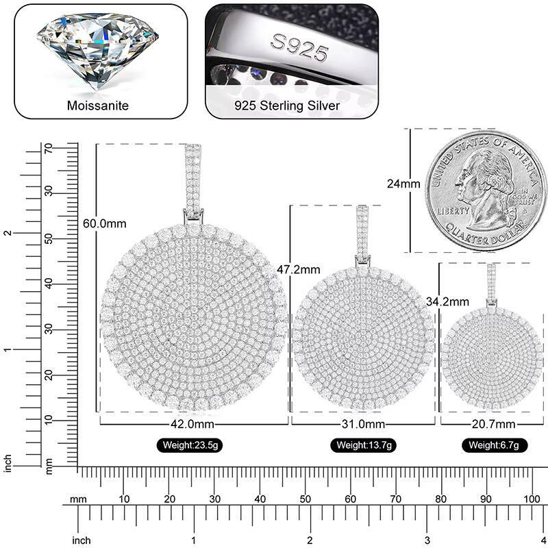 Fine Hip Hop Jewelry 203040mm Silver Pass Diamond Tester VVS Moissanite Iced Out Disc Coin Tag Pendant Necklace for Men Women