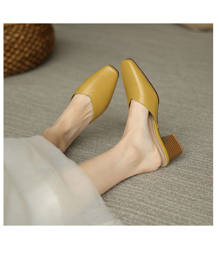 Chunky Heel Half Slippers Women, New Designer Shoe Summer Style, Mid Heel, Squ Toe Sandals, Backless Mules for Outdoor Wear