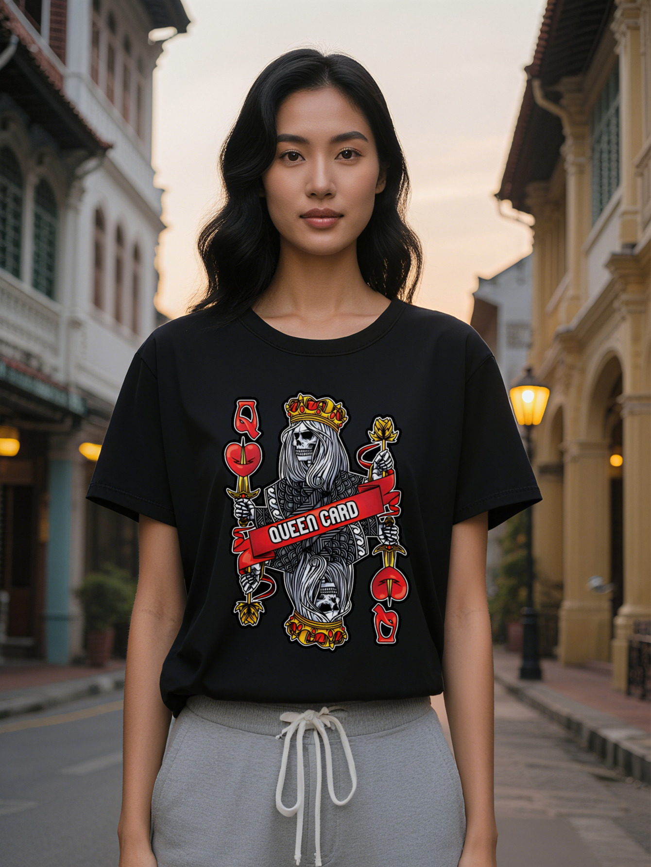 Large XL Women's Casual Skull Graphic T-Shirt Black Queen Card Design with Red Hearts Golden Crown Swords Summer Style Plus Size