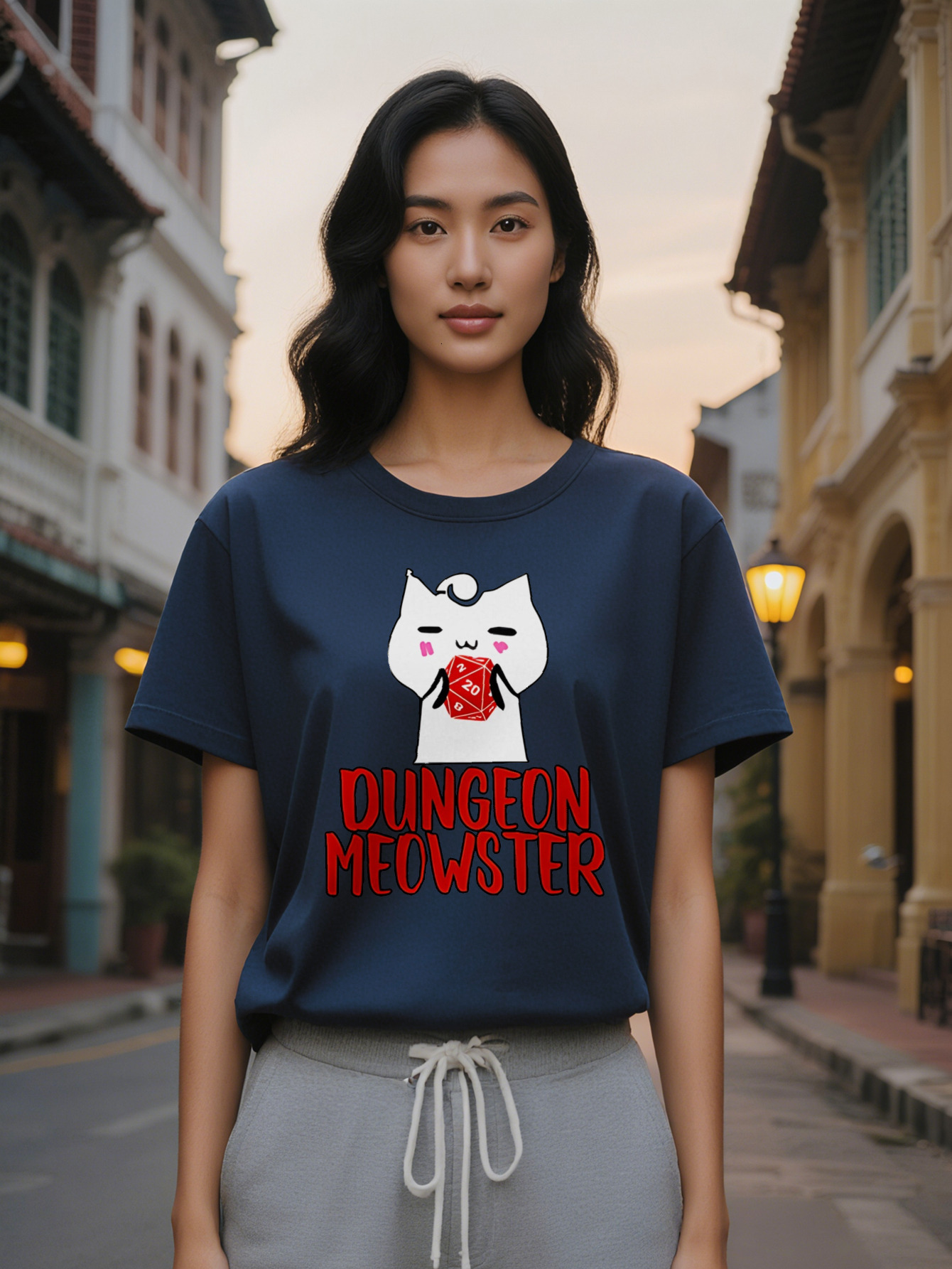 Lady Casual Graphic T-Shirt Black Round Neck Tee with White Cartoon Red Dice Print D Inspired Dungeon Meowster