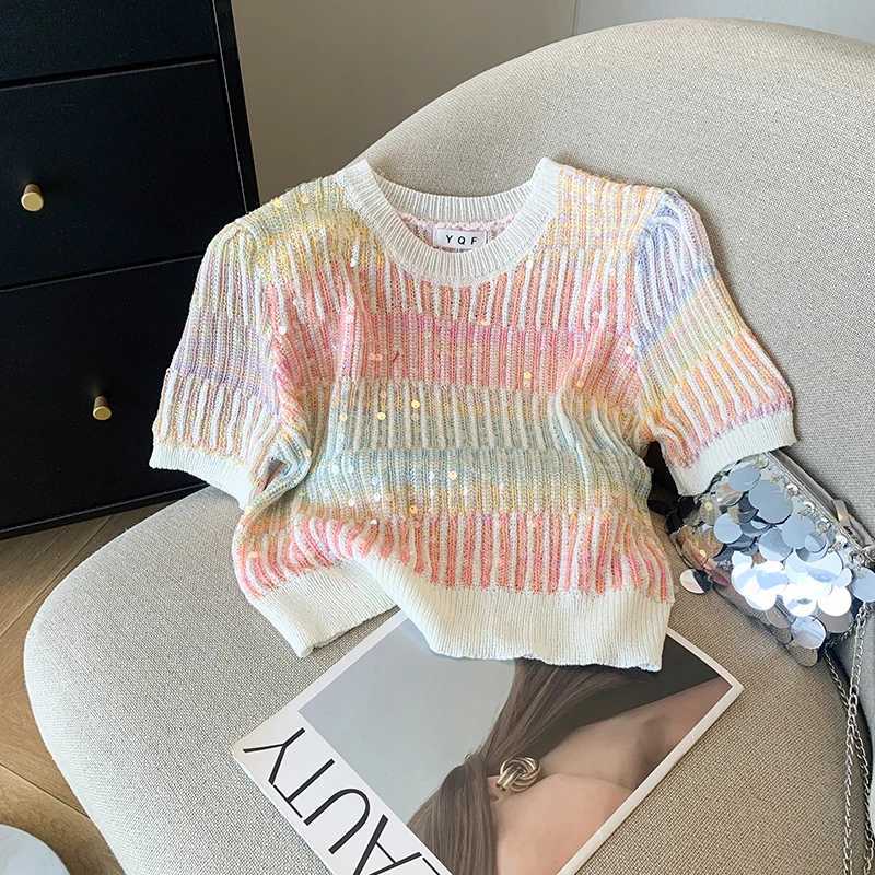 Summer Womens Sweater Sequins Striped Slim Knit Pullovers Tshirts Crop Tops Stylish Chic Fashion Short Sleeve Oneck Jumpers M250904