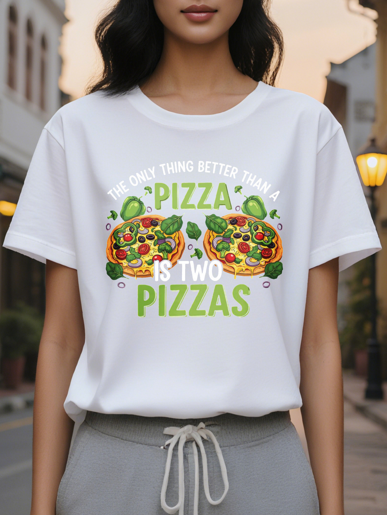 Women's Fun Lover T-shirt Pizza is my love language Two pizzas with pepperoni vegetable design Casual round