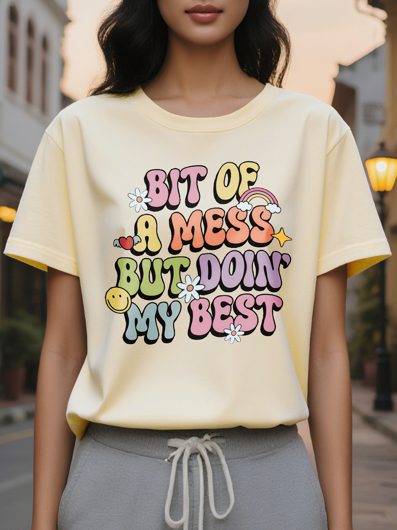 Women's Casual Short Sleeve T-Shirt A Bit of a Mess But Doing My Best Slogan Floral Star Print Heather Gray