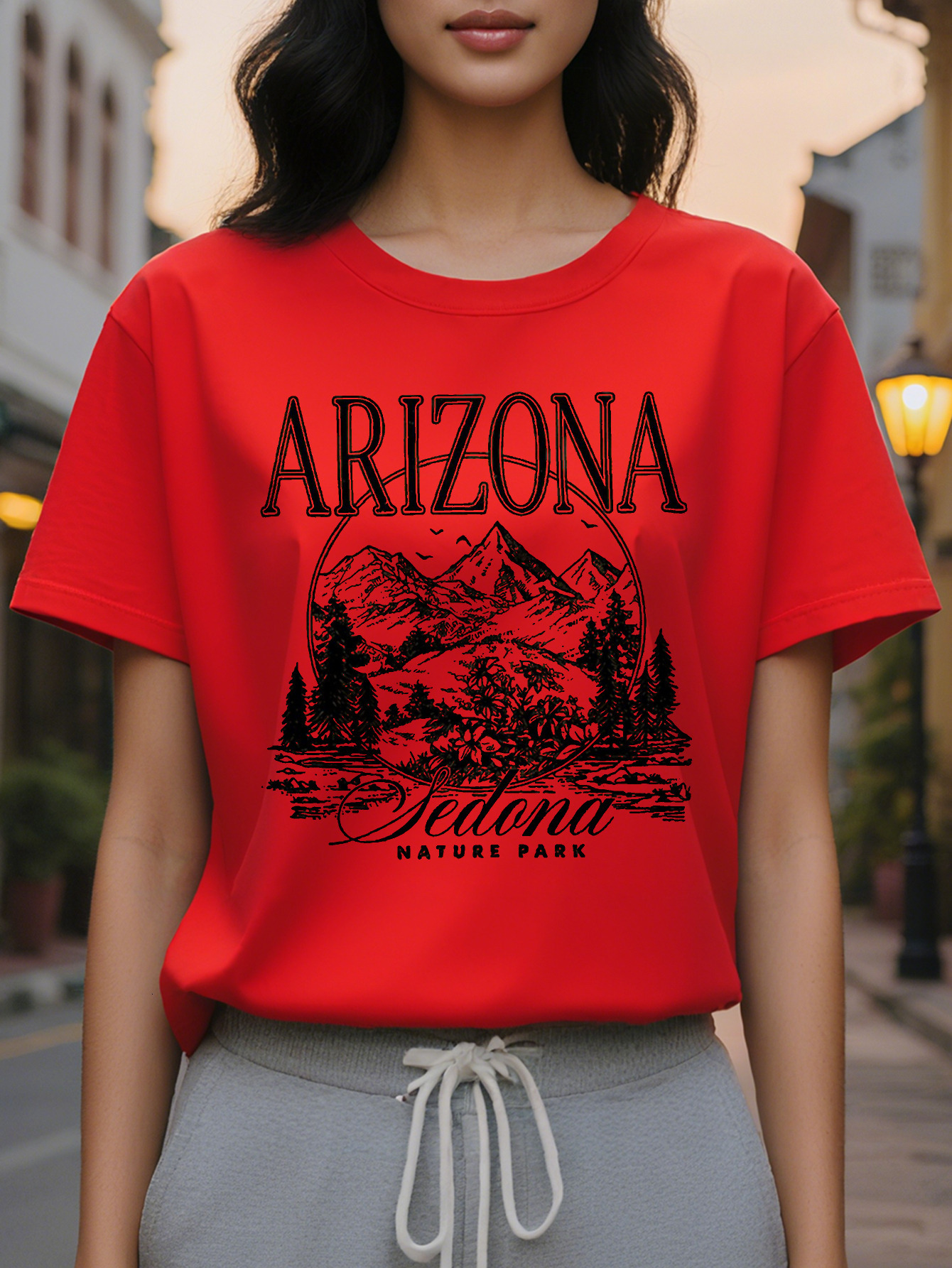 Ladies Arizona Pattern Printed T Shirt Bright Pink Slim Short Sleeve Jacket Desert Landscape Design Breathable Crew