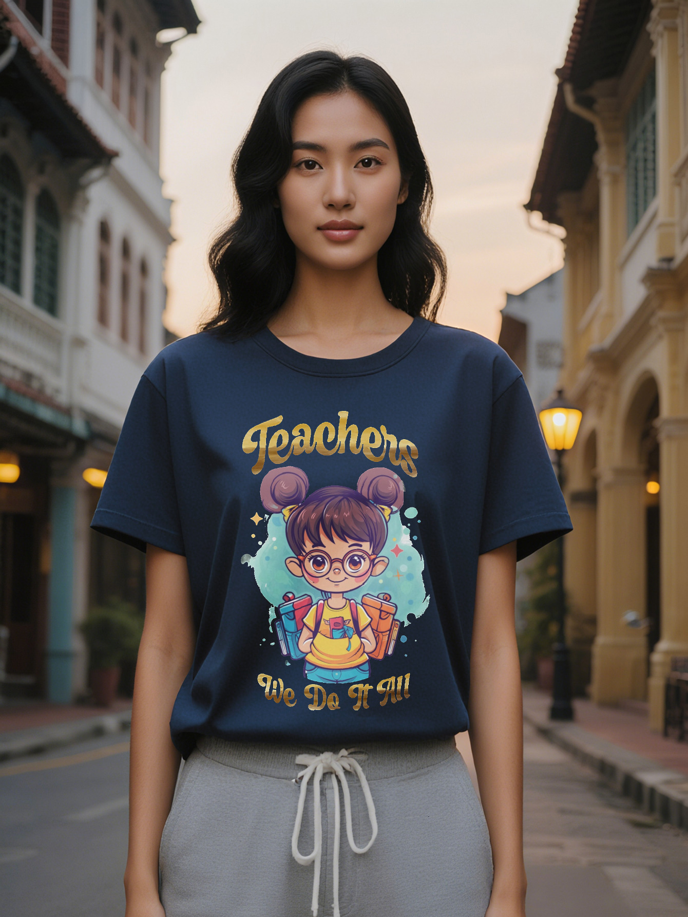 Large XL Lady T Shirt with Cartoon Girl Glasses Teachers We Do It All Print Black Tee, Washable Regular Fit Top for Plus Size