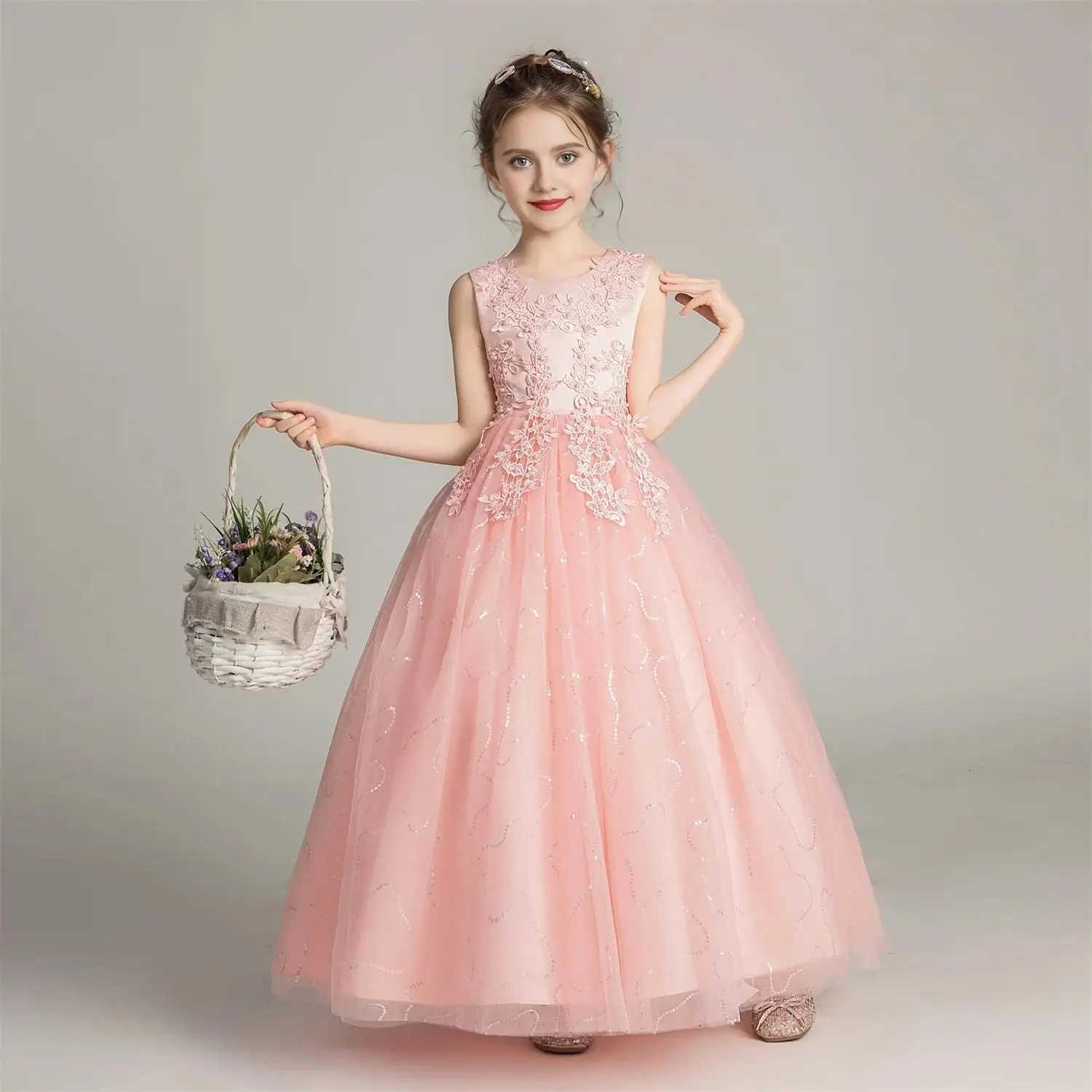Fashion Flower Bridesmaid Girls Dress Elegant Bow Wedding Evening Princess Birthday Party Dress Graduation Baptism Kids Clothing Z250904