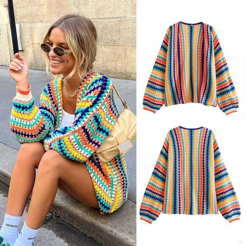 Women's Clothing 2024 Autumn Ethnic Style Contrast Color Hook Flower Colorful Striped Knitted Loose Cardigan Sweater 8Ls2768