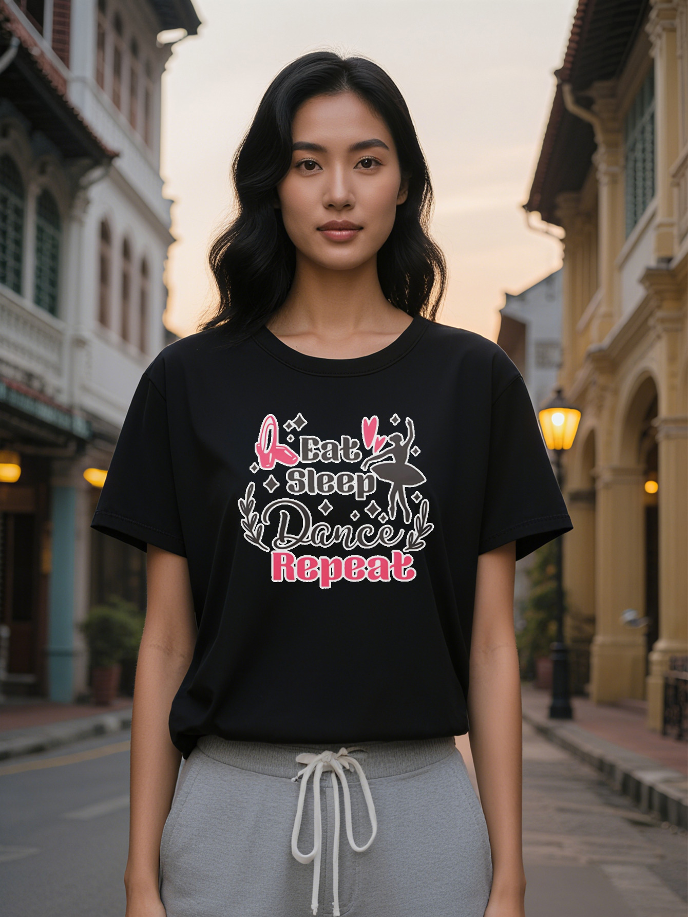 Large XL Lady Eat Sleep Repeat Graphic T-Shirt Pink Ballet Shoes Black Dancer Silhouette with Stars Casual Round Neck Tee Plus Size