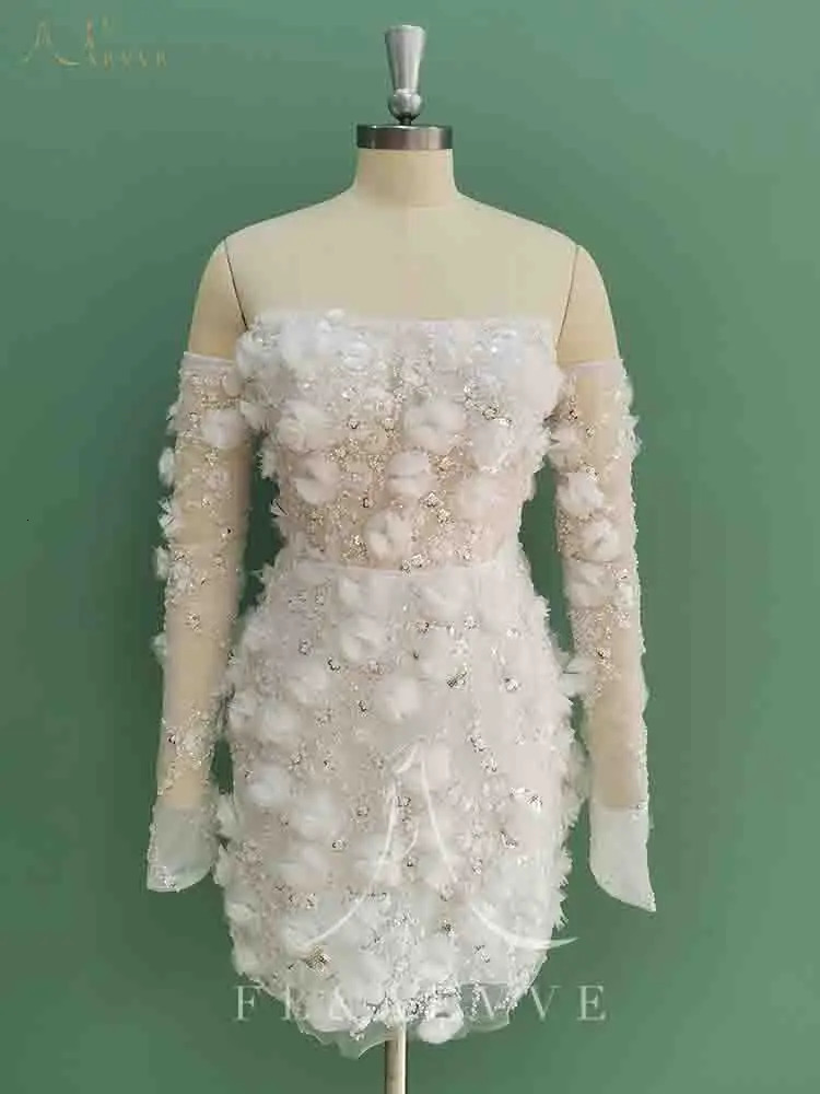 Beaded Short Wedding Dresses Saudi Arabia Lace Floral Appliques Long Sleeves Bridal Gown Mini Prom Party Dress Customized 250904