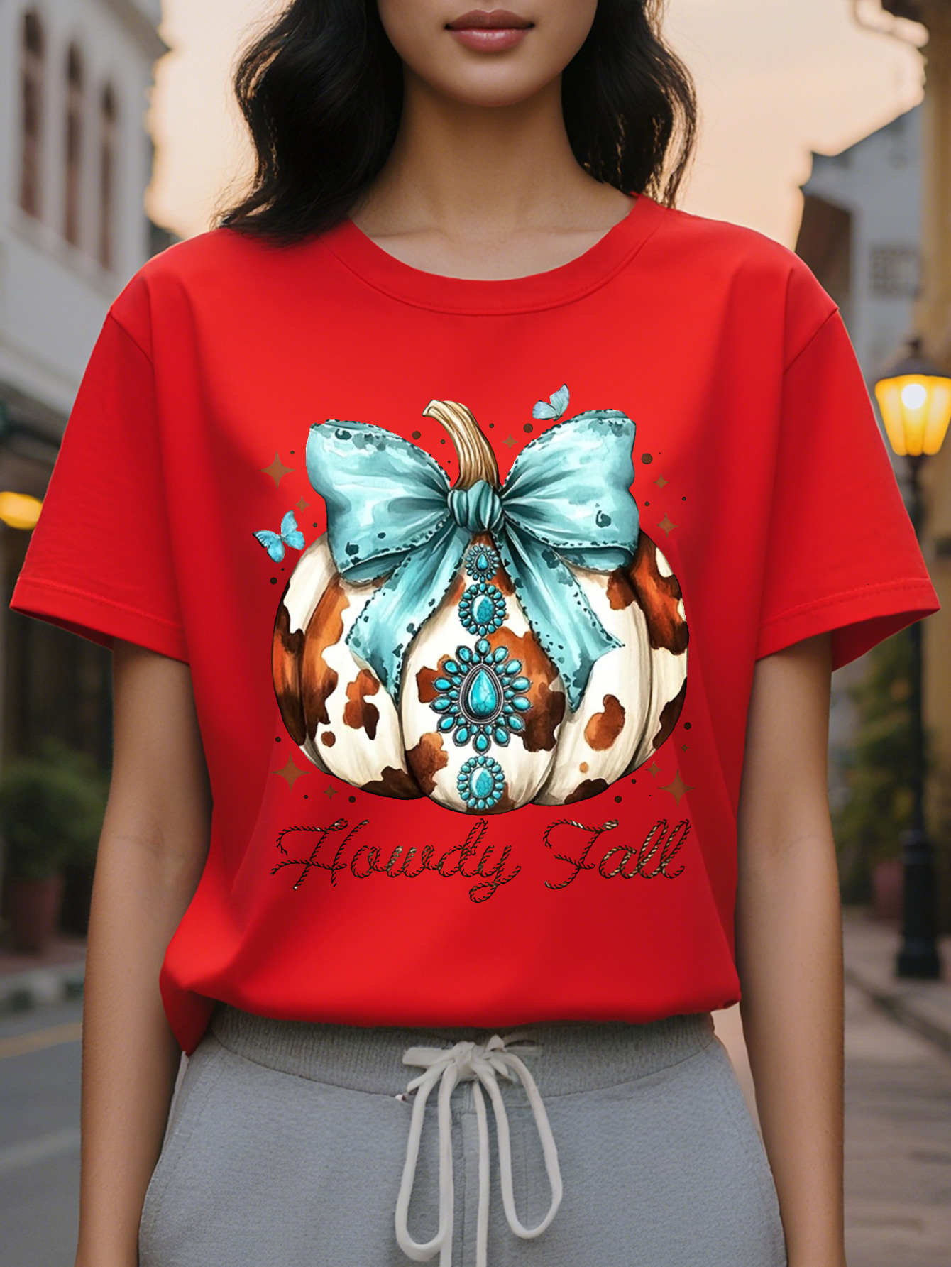 Pumpkin Print Crew Neck T-shirt Casual Short Sleeve Top for Spring Summer Women's Clothing