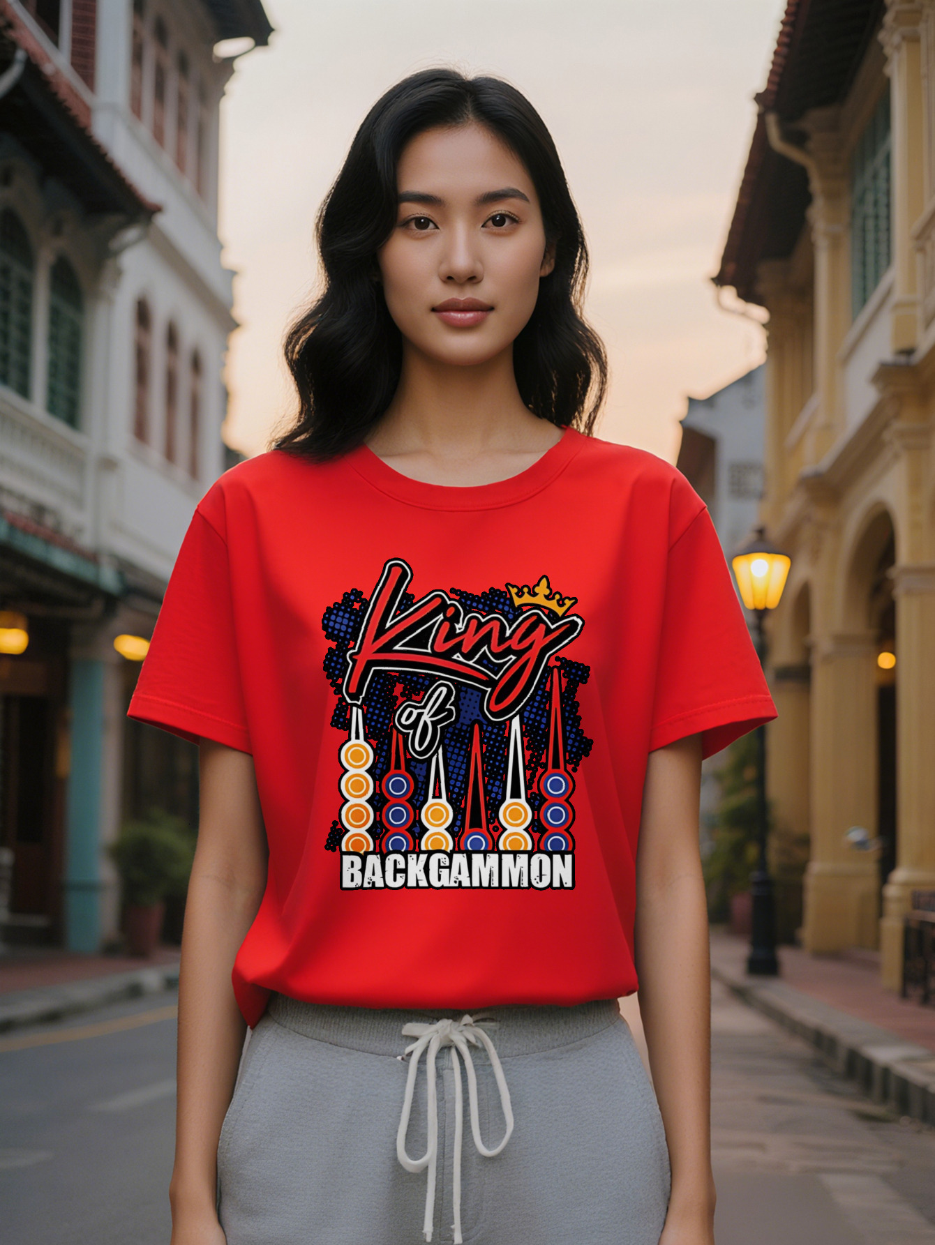 Large XL Casual King of BACKGAMMON Print T-Shirt Black Crew Neck Tee with Crown Swords Design Gaming Themed Apparel Perfect Plus Size