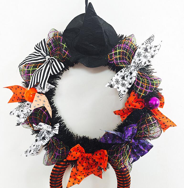 Halloween Witch - Themed Wreath Decor: Black Hat, Colorful Bows & Witch Legs for Festive Home Decor