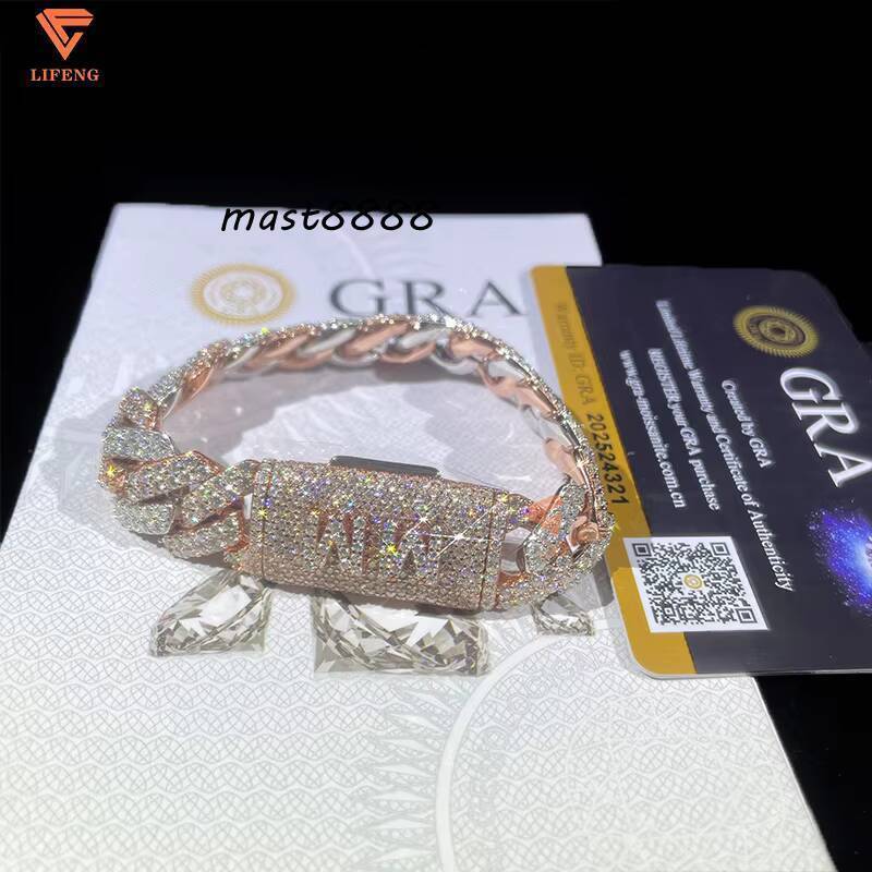 Two Tones Silver Rose Gold 14mm Moissanite Cuban Link Bracelet Hip Hop 925 Silver Bold and Durable Men Women Chain