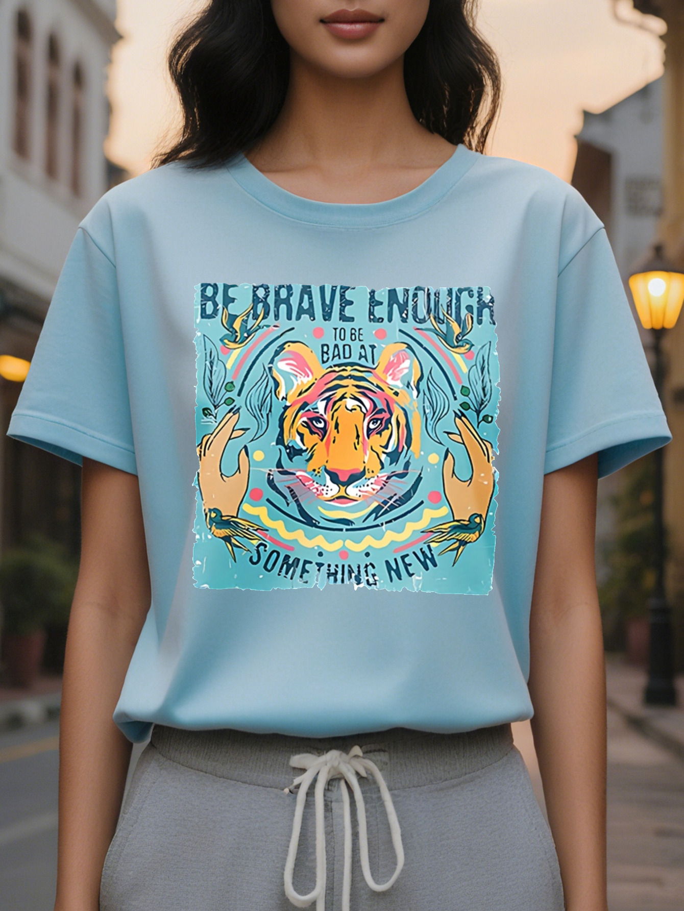 BE BRAVE ENOUGH American Printed Pattern Spring and Summer New Fashion Round Neck T-shirt Slim Fit Slimming Women's