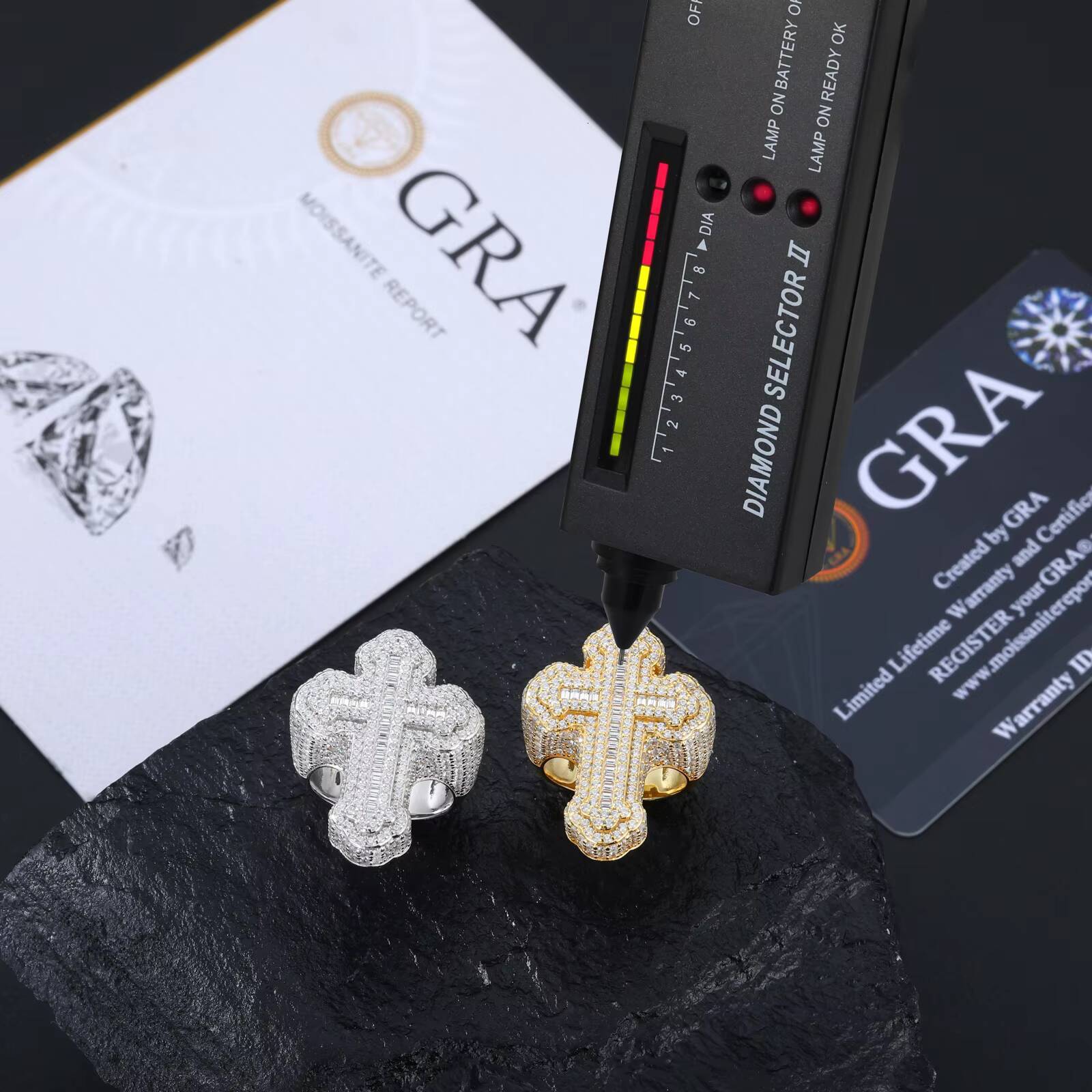 Religious Hip Hop Luxury 925 Sterling Silver Micro Paved VVS Baguette Moissanite Diamond Iris Cross Ring for Men