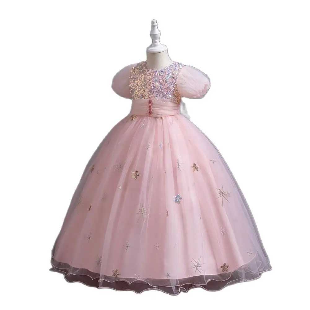 New Pink Fluffy Bubble Sleeves Girl Evening Dress Ball Party Sequin Princess Dress Birthday Dress for 4 to 12 Year Child Z250904