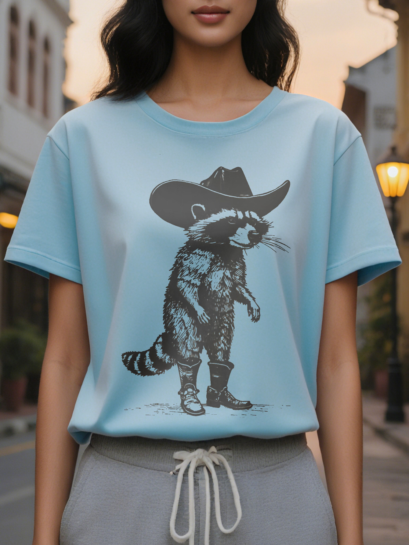2024 Racoon Print Crew Neck T-shirt Short Sleeve Casual Top for Summer Spring Women's Clothing