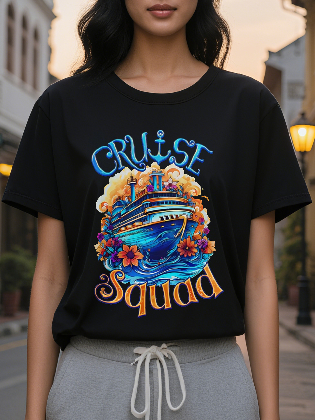 CRUISE American Printed Pattern Spring and Summer New Fashion Round Neck T-shirt Slim Fit Slimming Women's Short Sleeve