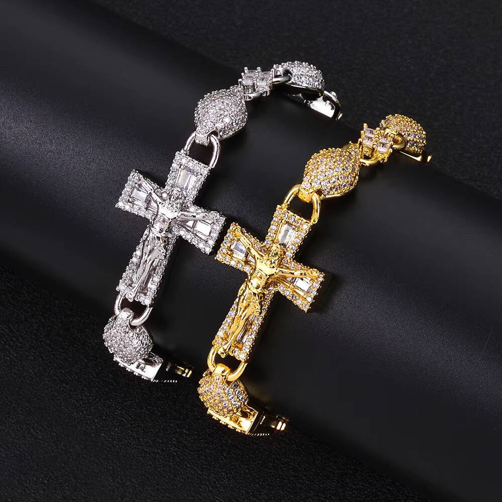NUOYA Luxury Lab Created Diamond Cross Infinity Bracelet Gold Silver Plated Cuban Link Hip Hop Jewelry Iced Out Baguette Zircon