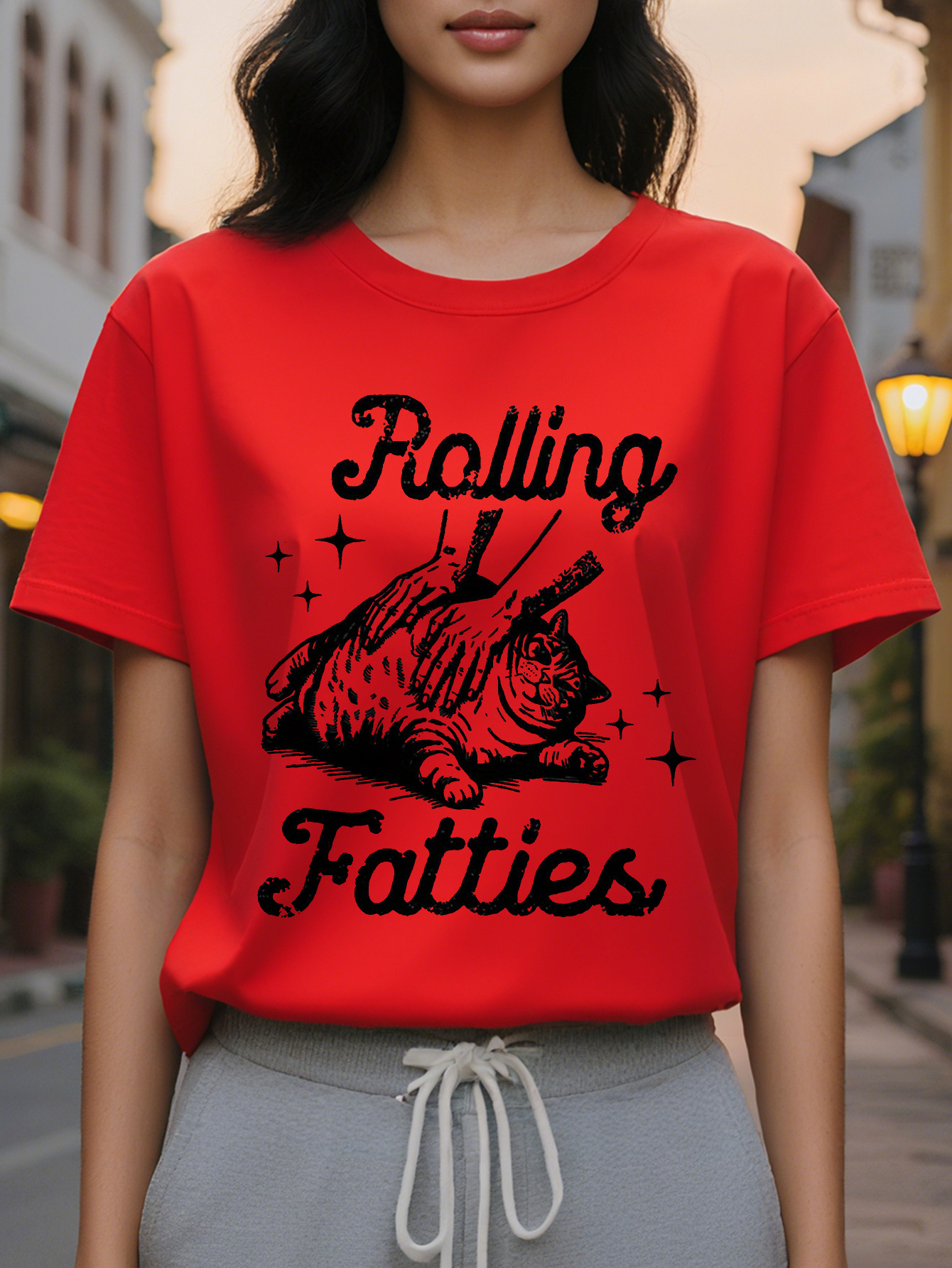 Lady Rolling Fat Man Pattern T Shirt Fun And Star Design Loose Short Sleeve Jacket Cottonlight Fabric