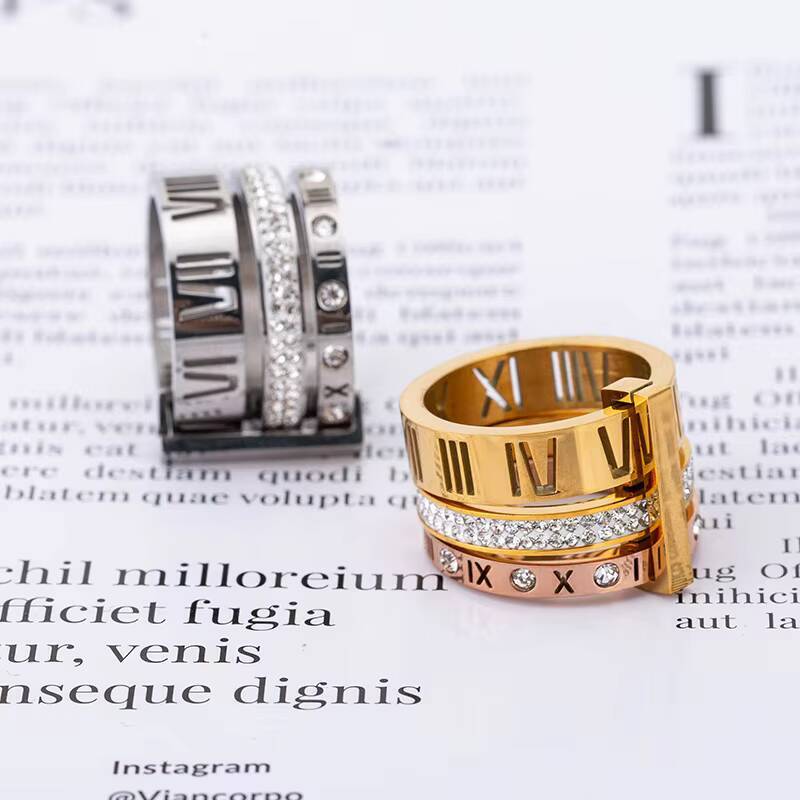 European Style Trends Retro Exaggeration Stainless Steel Ladies Stone Rome Digital Plated 18K Gold Jewelry Rings Design
