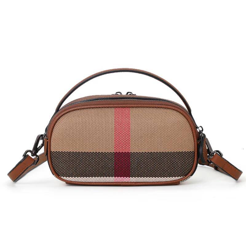 Crafted from canvas cowhide material, Aidrani's brown checkered round women's single shoulder crossbody bag
