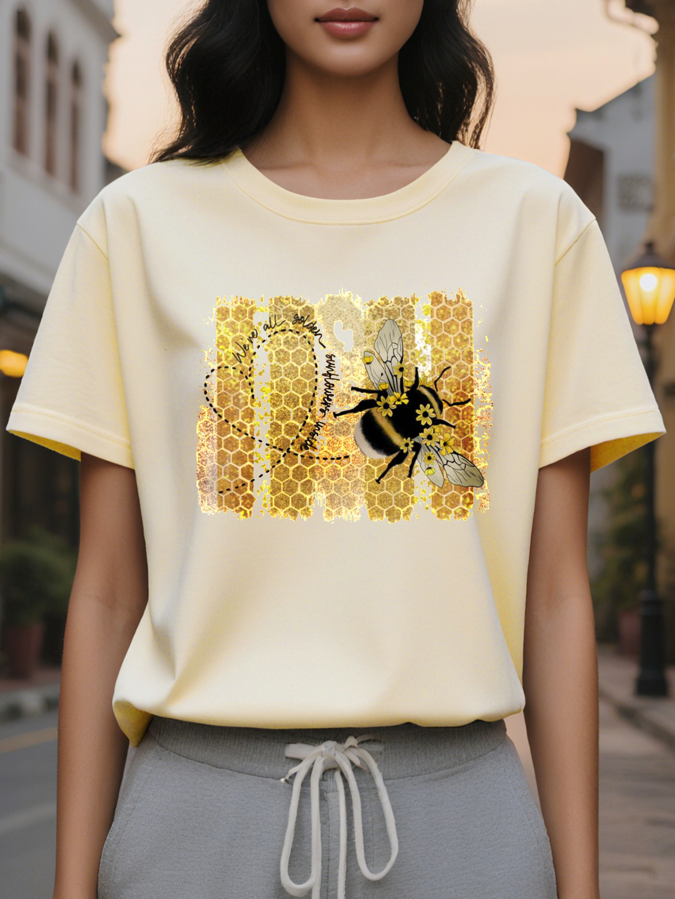 Ladies Elegant Sleeve T-Shirt White Honey Pattern Round Neck Jacket Autumn and Winter Daily Dress Medium Stretch