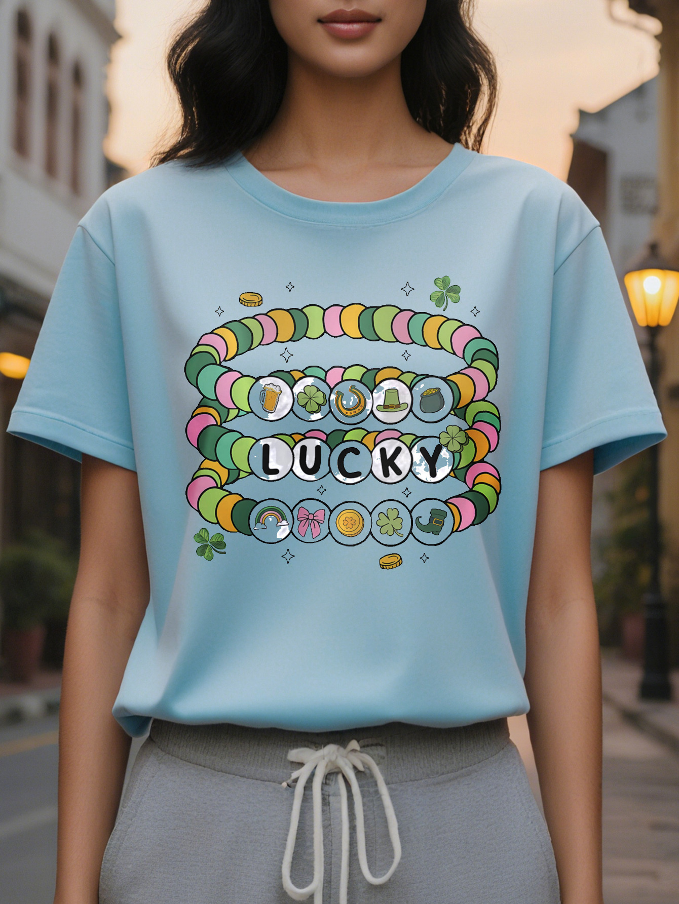 100% Linen Cotton St Patrick s Day Lucky Pattern T Shirt Casual Round Neck Short Sleeve Top with Colorful Beaded Bracelet Design