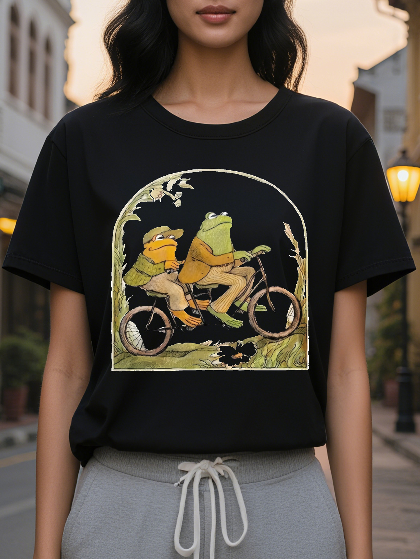 Cartoon Frog Print Crew Neck T-Shirt Casual Short Sleeve Top for Spring Summer Women's Clothing