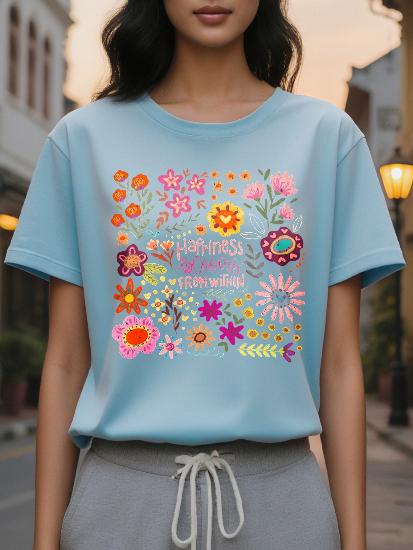 Large XL Women S Casual Floral Print Round Neck Short Sleeve T-Shirt Happiness Is Within Motivational Quote Dark Gray With Plus Size