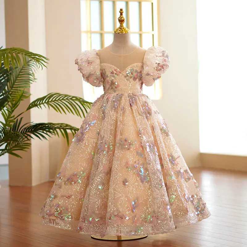 Girls Sequin Floral Princess Dress with Puff Sleeves for Special Occasions Pageants Birthdays Formal Banquets Z250904
