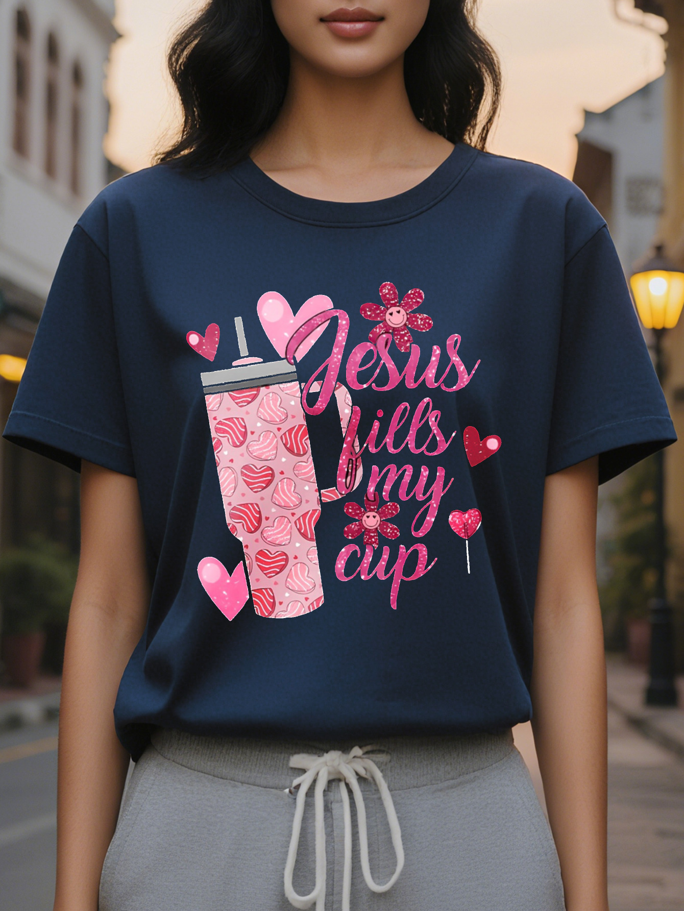 Valentine Jesus Fills My Cup Printed T-shirt Short Sleeve Round Neck Casual Top Summer and Spring Women