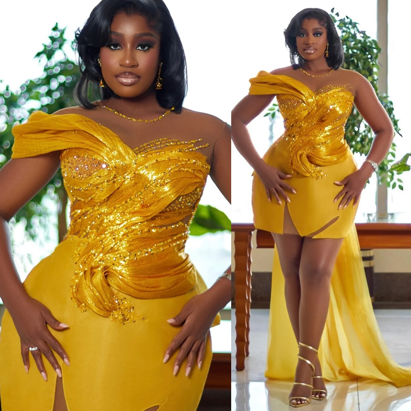 2025 Plus Size Yellow Cocktail Dresses For Women Homecoming Dress Sheath Illusion Sheer Neck Beaded Lace Pleated Prom Dresses For Black Girls C427