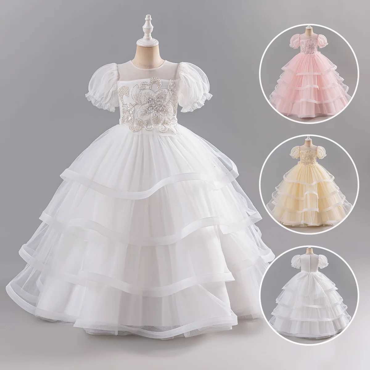Girls New Pearl Sequin Flower Bubble Sleeve Mesh Long Fluffy Skirt Wedding Flower Girl School Makeup Ball Princess Skirt Z250904