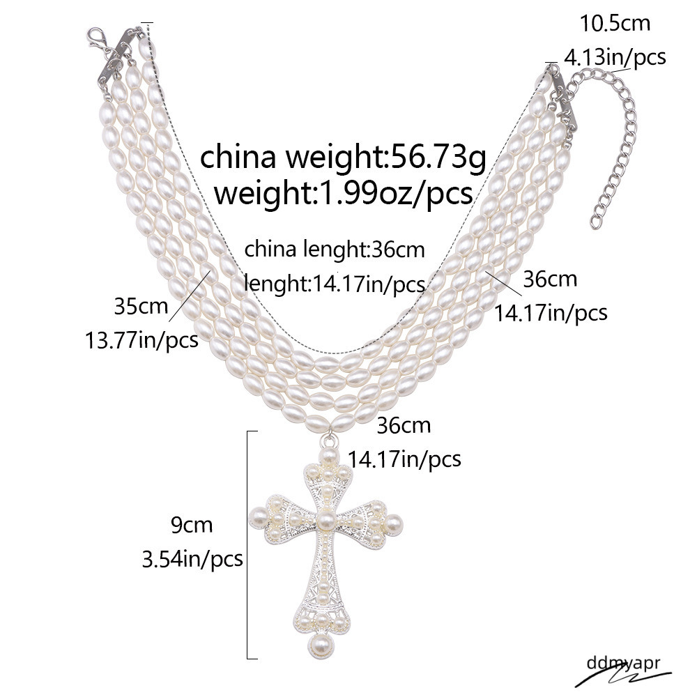 Cyberpunk Style Cross Fashion Exaggerated Ddmyday Micro-Set Imitation Pearl Layered Necklace Jewelry Ddmyday