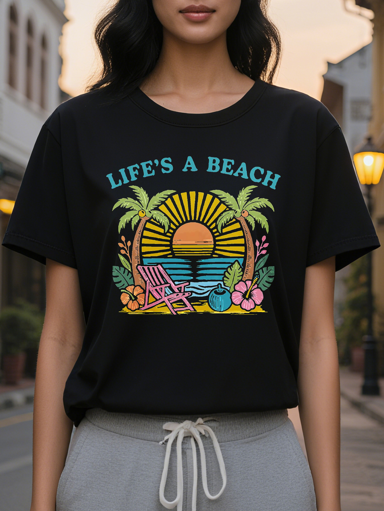 Women s Sleeve Pattern Sweatshirt White Beach Top with Tropical Palms Lounger and Citrus Fruit Medium Stretch Round
