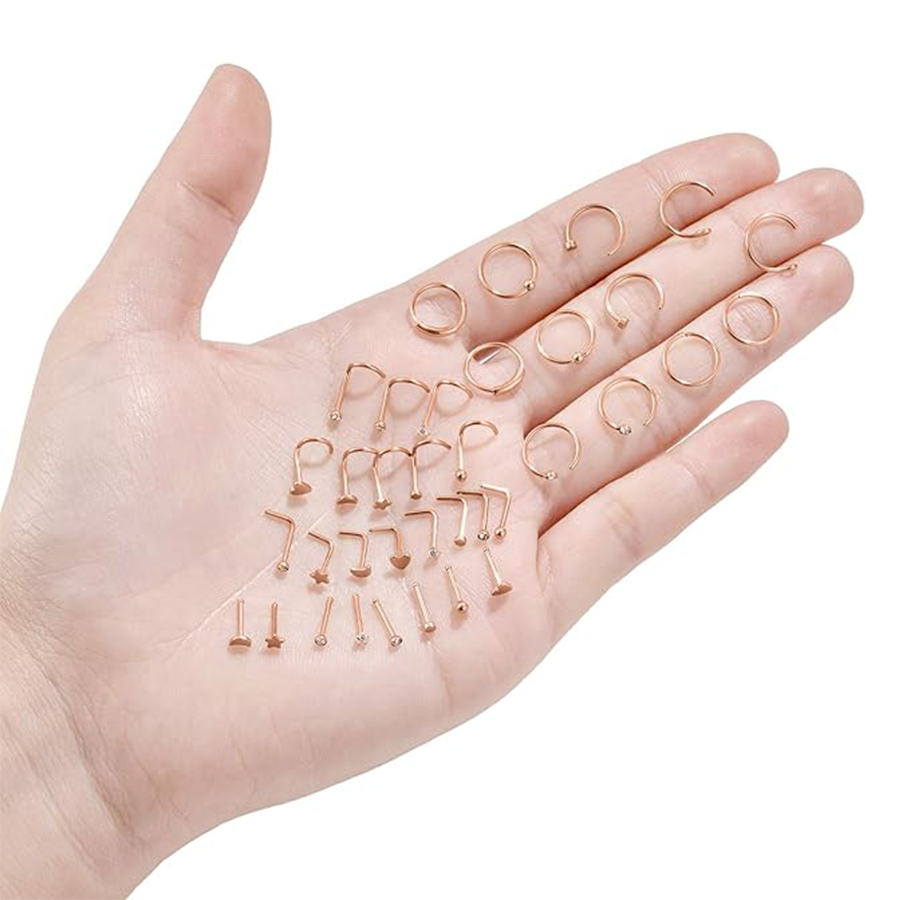 20G 36Pcs Stainless Steel L-Shaped Bone Screw Nose Ring CZ Stud Retainer Labret Piercing Jewelry for Women Men Rose Gold Tone