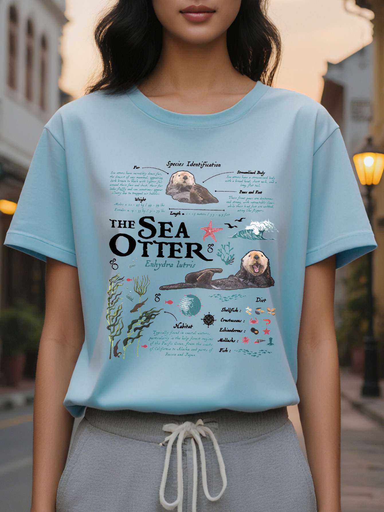 Women's Casual Sea Otter Print T-Shirt Round Neck Slim Fit Version Cotton Spring and Summer Regular Length