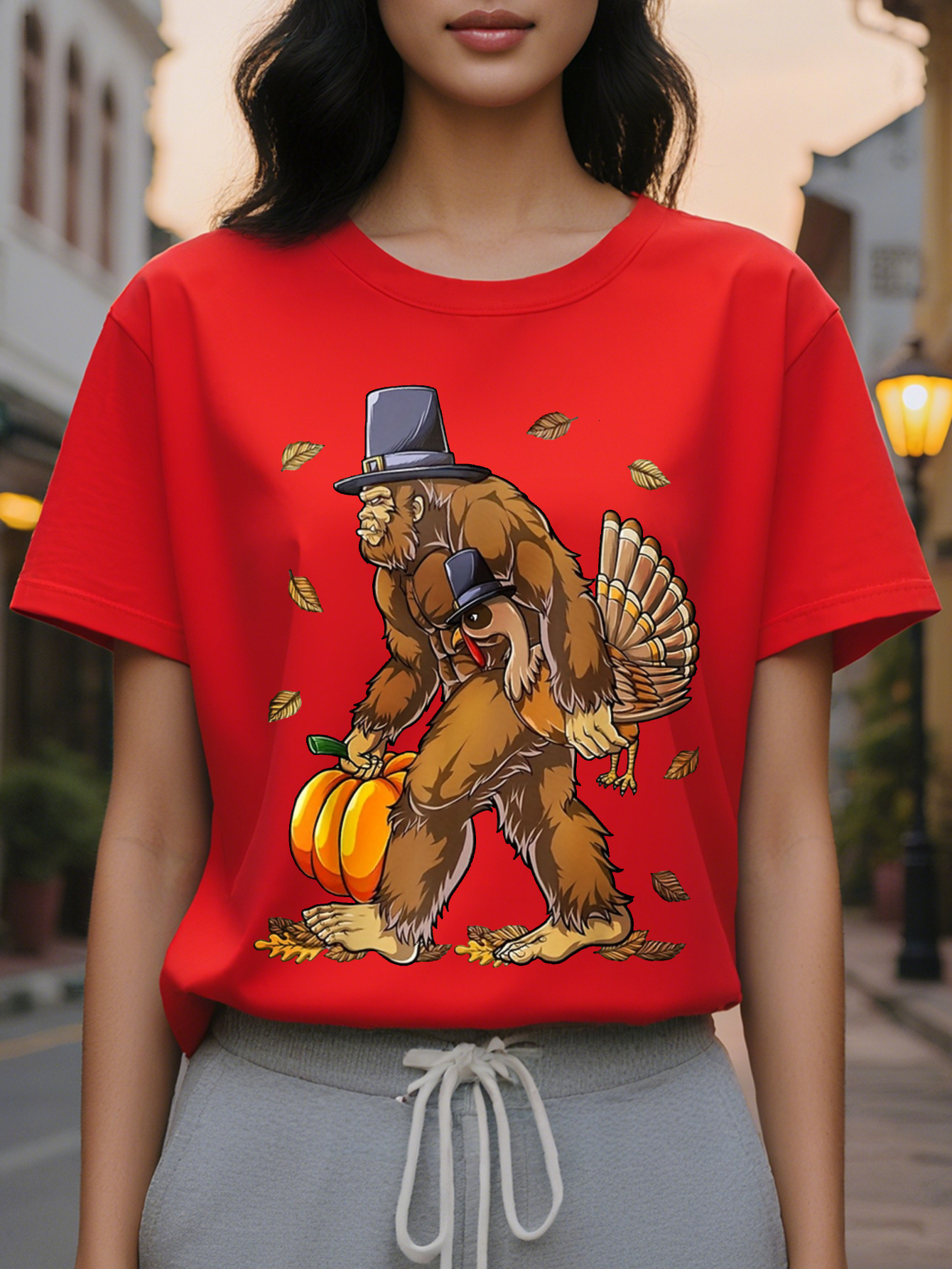 Large XL Women S T-Shirt Cute Pumpkin Bear Printed Hat Graphic Soft Beige Loose Fit Tee Everyday Party Outfit All Season Casual Plus Size