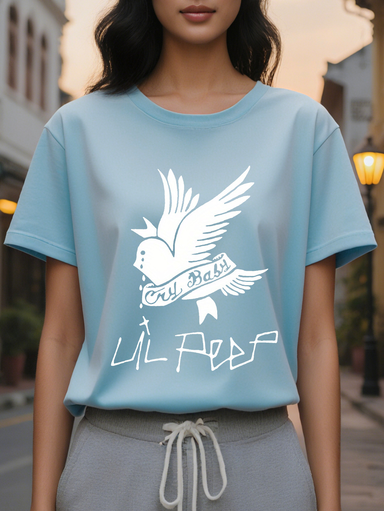 Peep Women's Bright Pink Pattern T-Shirt The Birds Letter Design Spring and Summer Casual Loose Short Sleeve