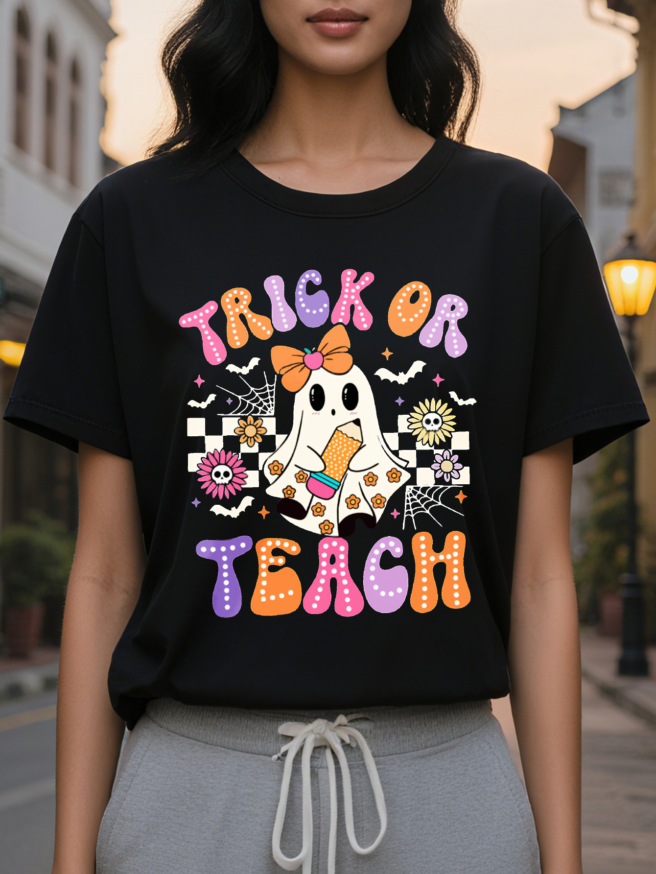 Women's Halloween Banter or Teach Print T-Shirt Cotton Casual Round Neck Short Sleeve Top for Spring Summer