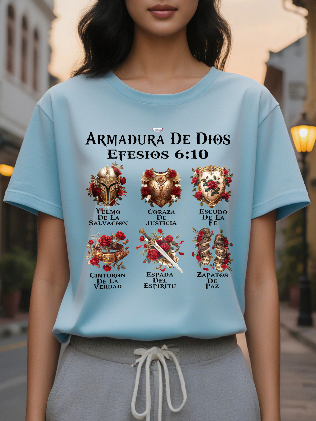 Women s Casual Short Sleeve T Shirt White Religious Spanish Scripture Armor Printed Stretchy Round Neck Top