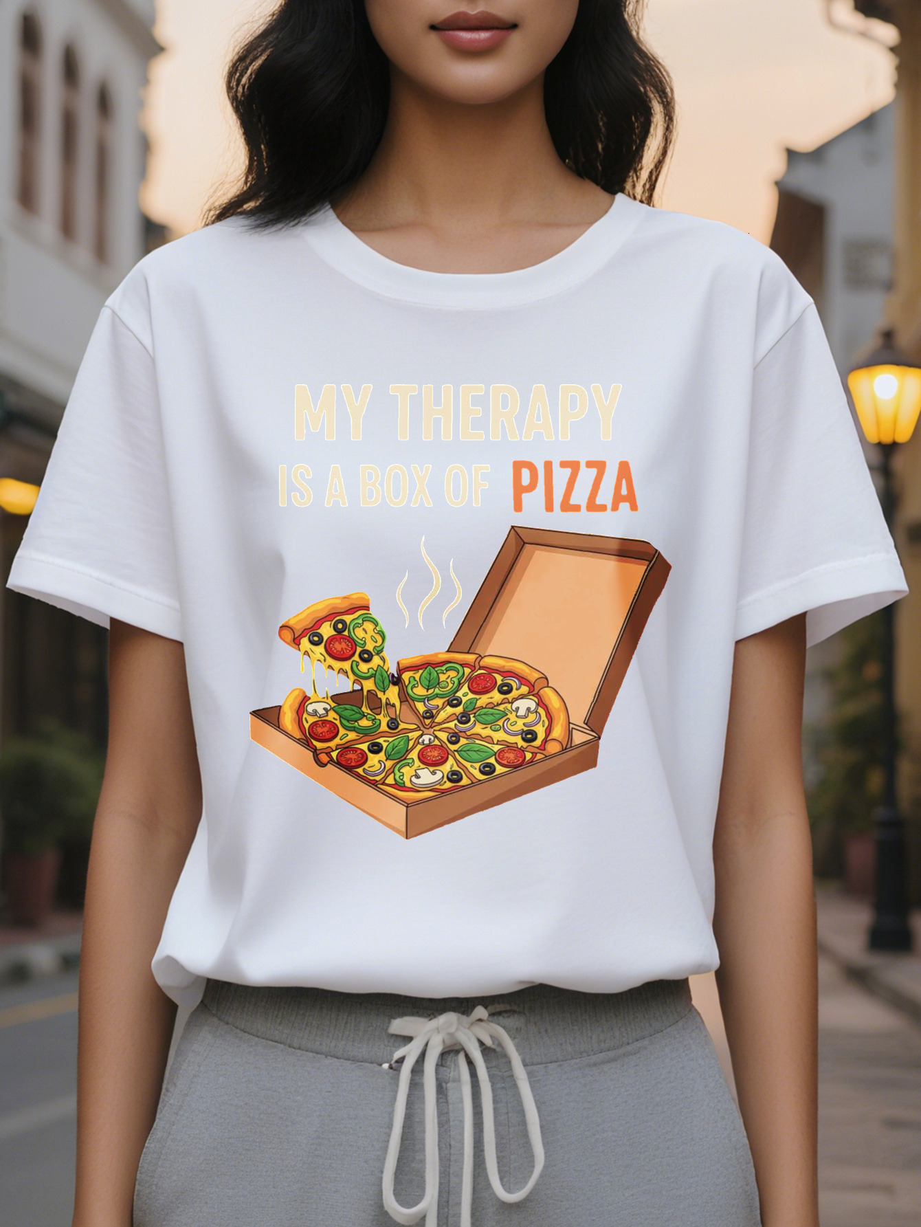 Fun Pattern Ladies My Relaxation is Box Sayings Black with Orange Letters Light Summer Casual Daily T-Shirt for Pizza