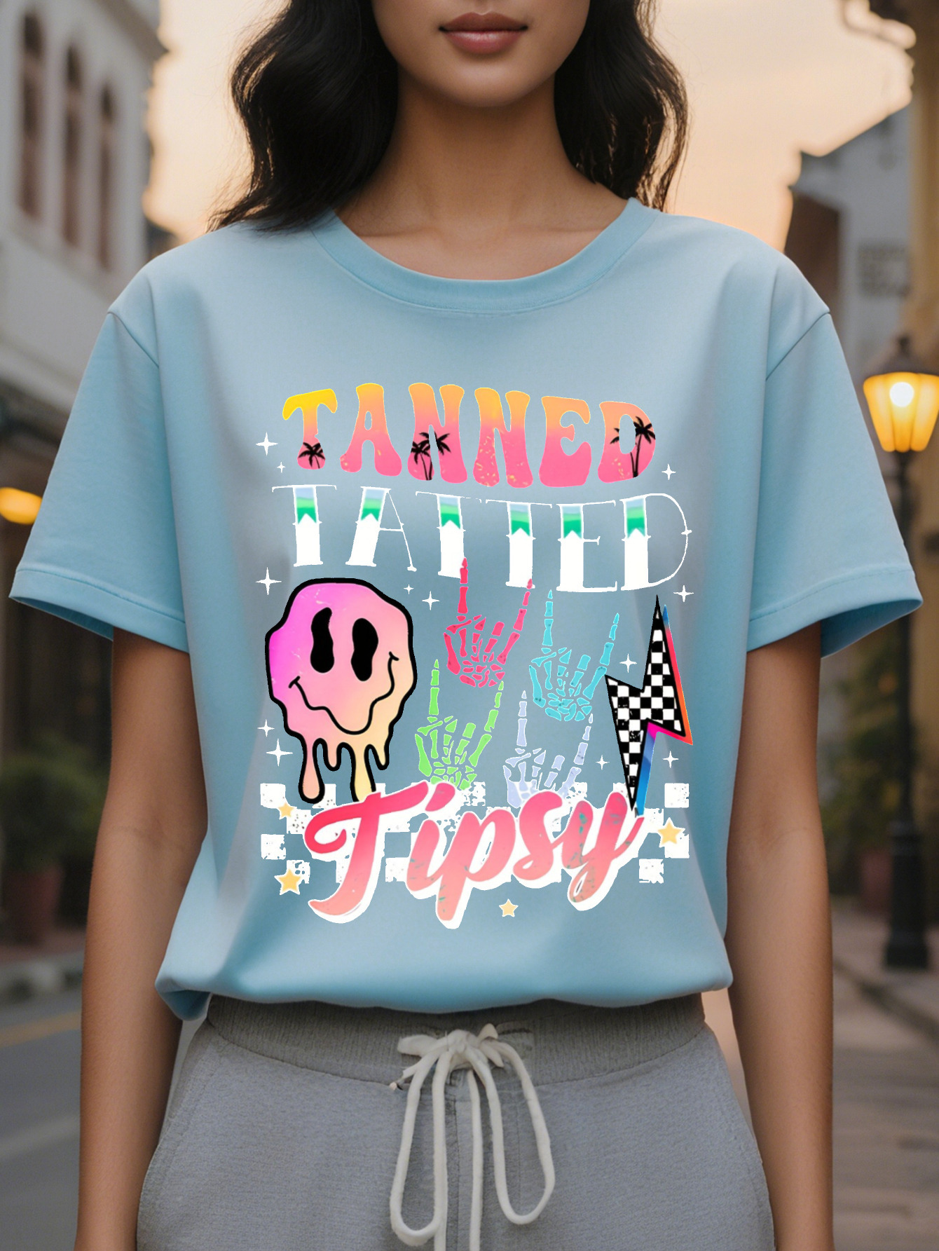 Women s Casual Short Sleeve T Shirt Double Sided Tanne Tattoo Tipsy Graphic Print Black with Colorful Lettering