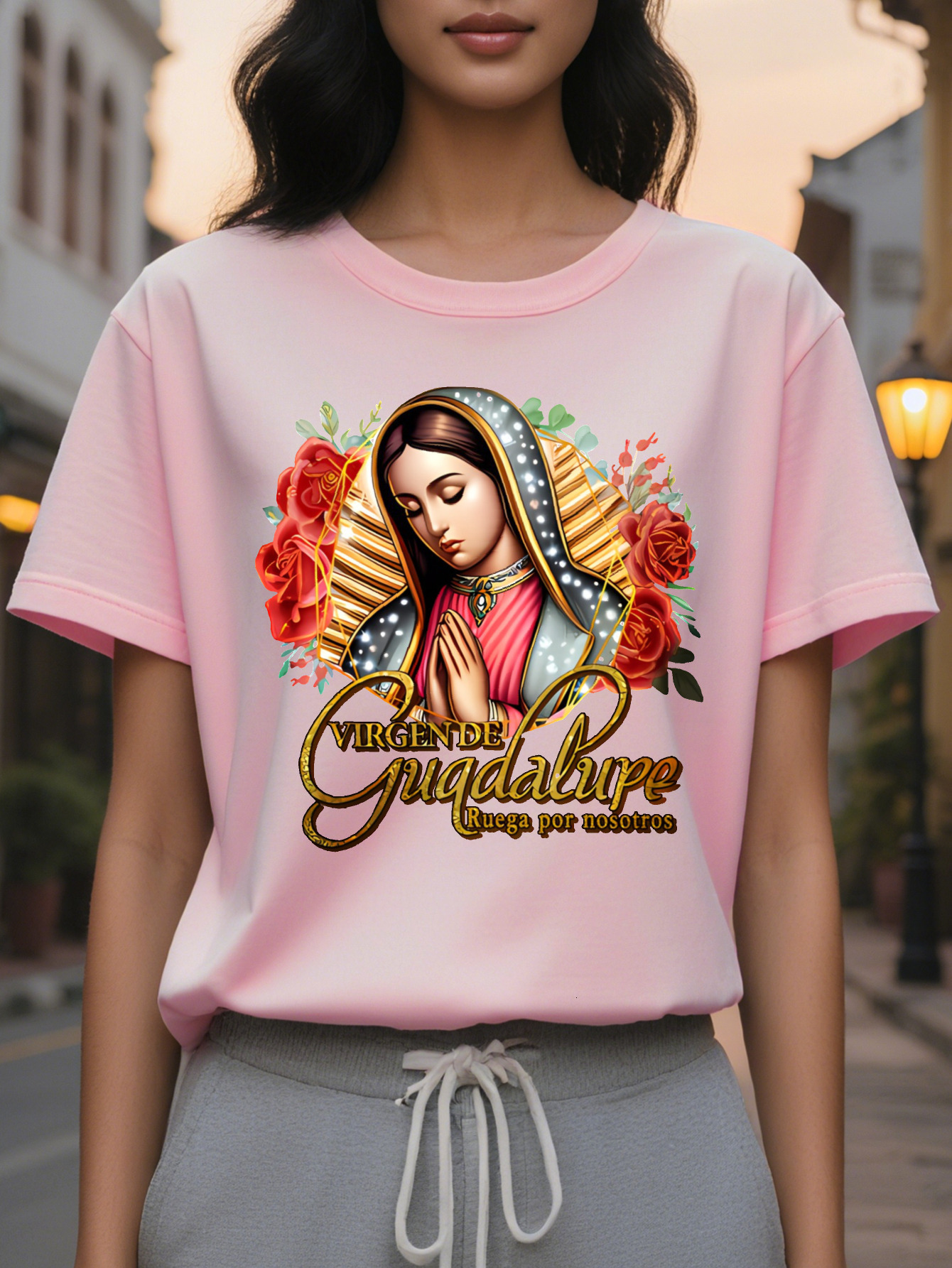 Women S Virgin Religious T-Shirt Soft Pink Faith Based Tee with Our Lady of Guadalupe Prayer Round Neck Casual Everyday