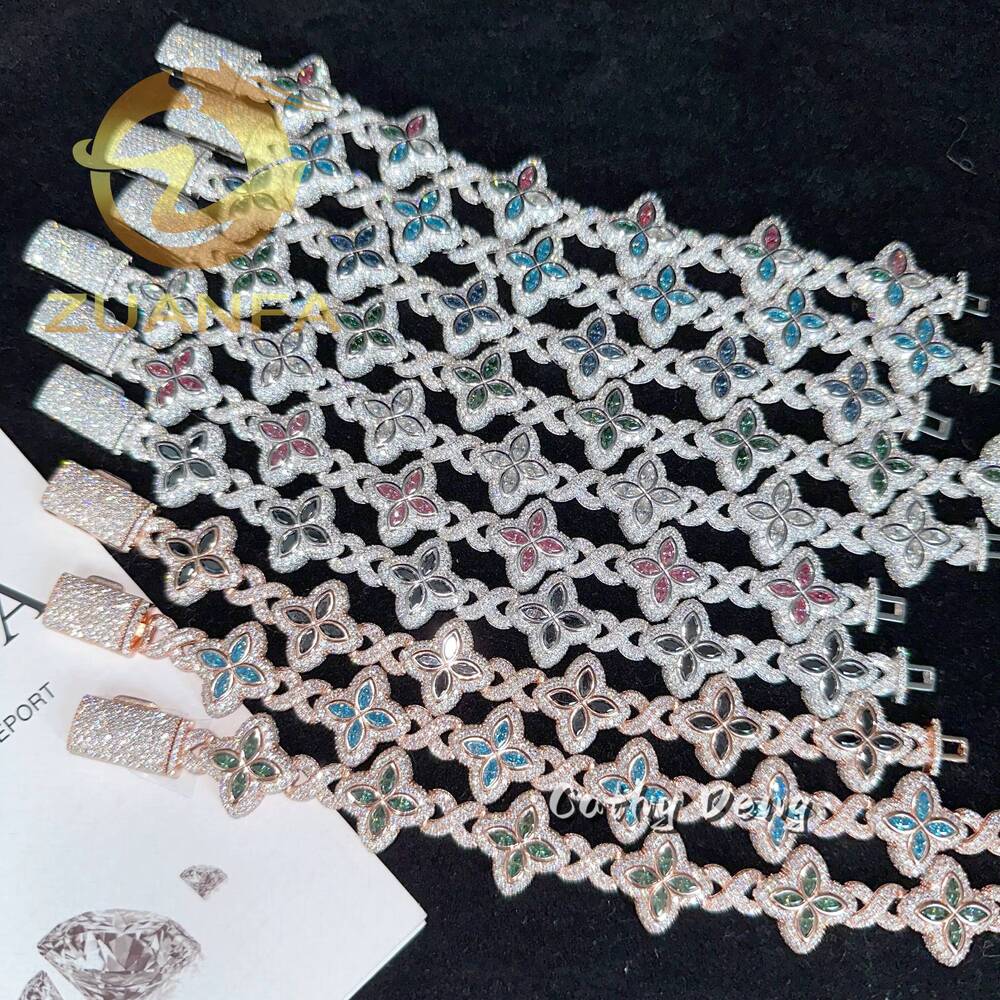 Hip Hop Jewelry Iced Out Men Cuban Bracelet 925Silver Moissanite Bracelet Men Pass Diamond Tester Flower Cuban Link 11color